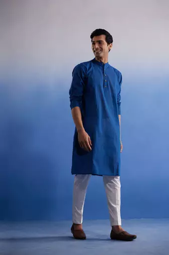 Blue And White Pure Cotton Kurta Pyjama Set