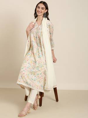women's v-neck floral foil print cream a-line kurta and trouser with dupatta 5