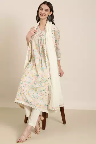 women's v-neck floral foil print cream a-line kurta and trouser with dupatta