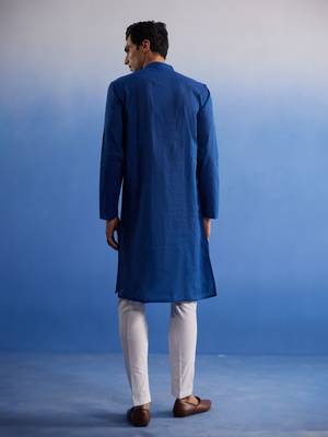 Blue And White Pure Cotton Kurta Pyjama Set 3
