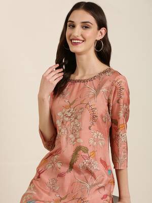 women's round neck floral mauve straight kurta and trouser 1