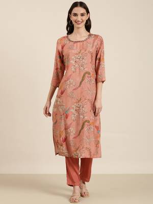 women's round neck floral mauve straight kurta and trouser 2