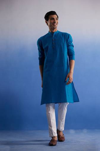 Men'S Aqua And White Pure Cotton Kurta Pyjama Set