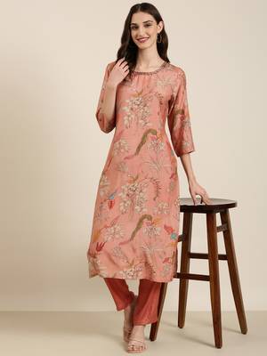 women's round neck floral mauve straight kurta and trouser 5