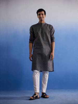 Black And White Pure Cotton Kurta Pyjama Set 1