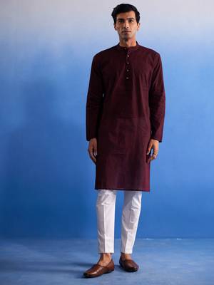Maroon And White Pure Cotton Kurta Pyjama Set 1