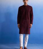 Maroon And White Pure Cotton Kurta Pyjama Set