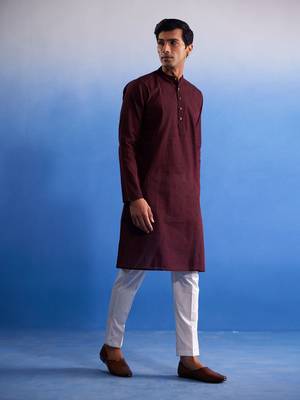 Maroon And White Pure Cotton Kurta Pyjama Set 2