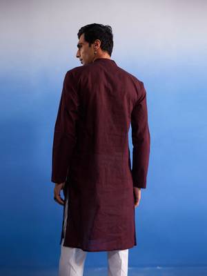 Maroon And White Pure Cotton Kurta Pyjama Set 3