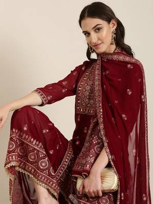 women's mandarin collar floral foil print maroon straight kurta and sharara with dupatta 1