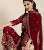 women's mandarin collar floral foil print maroon straight kurta and sharara with dupatta