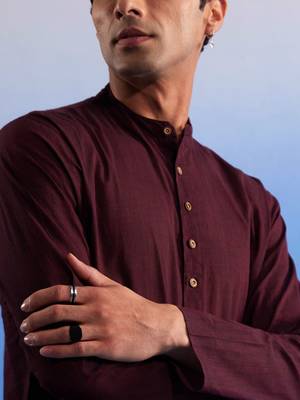 Maroon And White Pure Cotton Kurta Pyjama Set 4