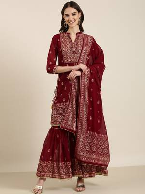 women's mandarin collar floral foil print maroon straight kurta and sharara with dupatta 2