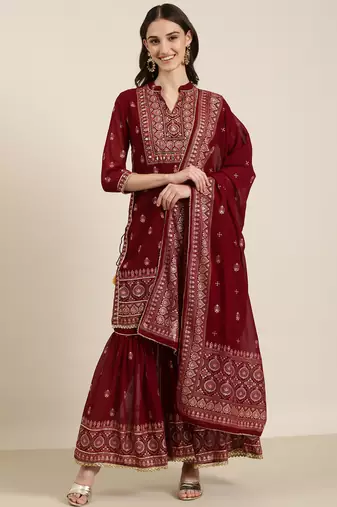 women's mandarin collar floral foil print maroon straight kurta and sharara with dupatta