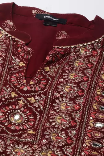 women's mandarin collar floral foil print maroon straight kurta and sharara with dupatta