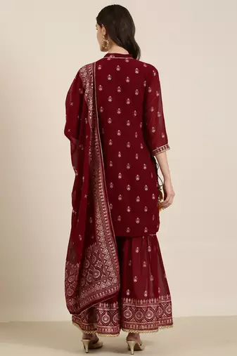 women's mandarin collar floral foil print maroon straight kurta and sharara with dupatta