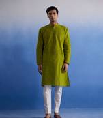 Men'S Green And White Pure Cotton Kurta Pyjama Set