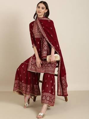 women's mandarin collar floral foil print maroon straight kurta and sharara with dupatta 5