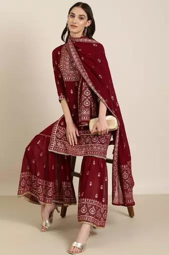 women's mandarin collar floral foil print maroon straight kurta and sharara with dupatta