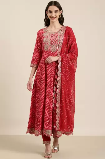 women's round neck chevron foil print red anarkali kurta and trouser with dupatta