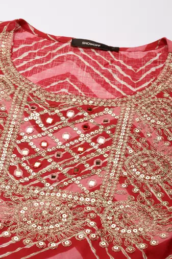 women's round neck chevron foil print red anarkali kurta and trouser with dupatta