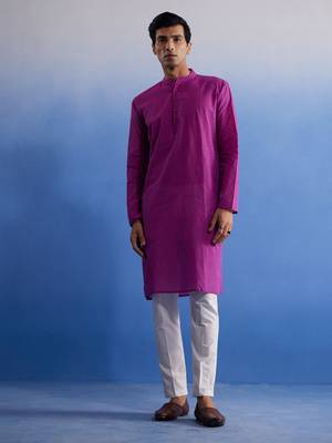 Purple And White Pure Cotton Kurta Pyjama Set 1