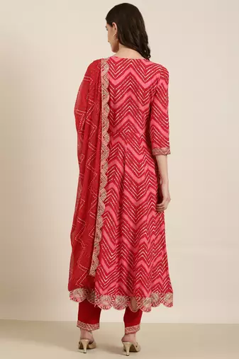 women's round neck chevron foil print red anarkali kurta and trouser with dupatta