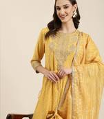 women's round neck geometric foil print yellow straight kurta and trouser with dupatta