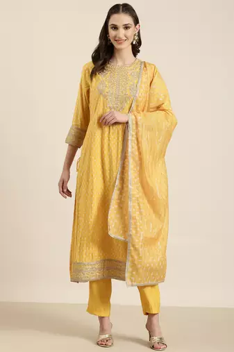 women's round neck geometric foil print yellow straight kurta and trouser with dupatta