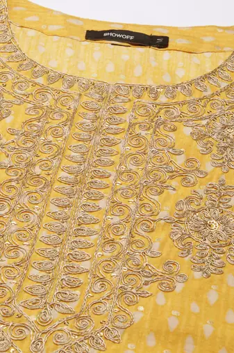 women's round neck geometric foil print yellow straight kurta and trouser with dupatta