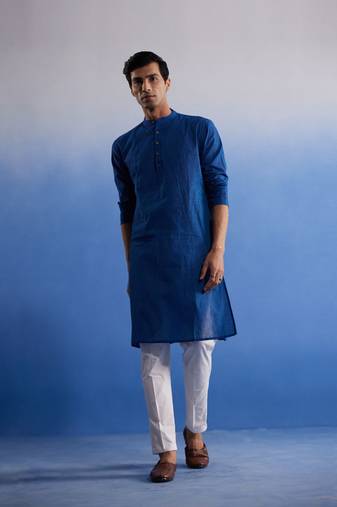 Men'S Blue And White Pure Cotton Kurta Pyjama Set