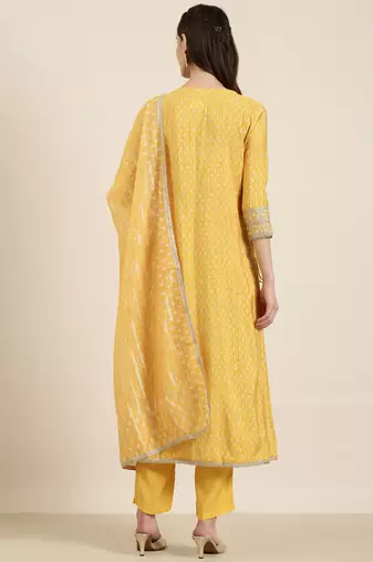 women's round neck geometric foil print yellow straight kurta and trouser with dupatta