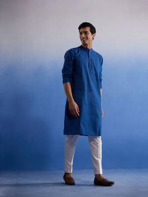 Blue And White Pure Cotton Kurta Pyjama Set 2