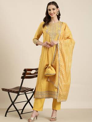 women's round neck geometric foil print yellow straight kurta and trouser with dupatta 5