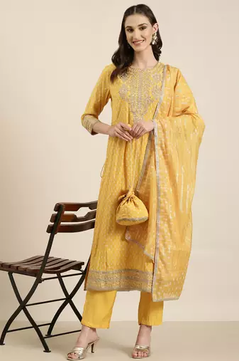 women's round neck geometric foil print yellow straight kurta and trouser with dupatta
