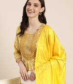 women's round neck floral yellow a-line kurta and trouser with dupatta