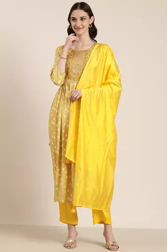 women's round neck floral yellow a-line kurta and trouser with dupatta