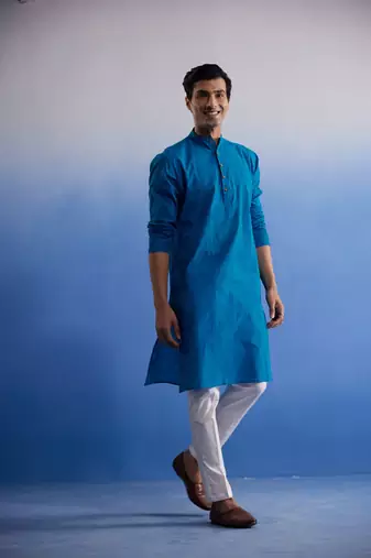 Men'S Aqua And White Pure Cotton Kurta Pyjama Set