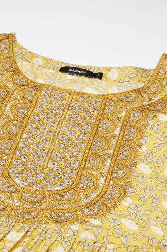 women's round neck floral yellow a-line kurta and trouser with dupatta