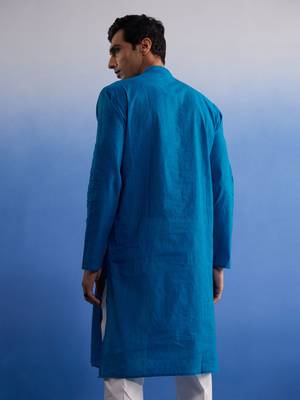 Men'S Aqua And White Pure Cotton Kurta Pyjama Set 3