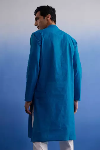 Men'S Aqua And White Pure Cotton Kurta Pyjama Set