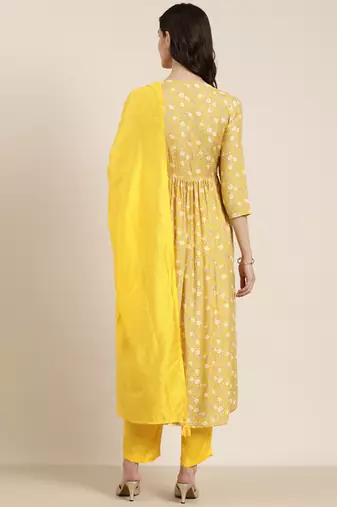 women's round neck floral yellow a-line kurta and trouser with dupatta