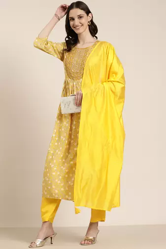 women's round neck floral yellow a-line kurta and trouser with dupatta