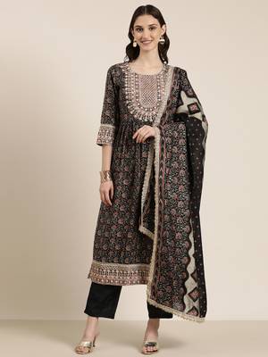 women's round neck floral foil print black a-line kurta and trouser with dupatta 2