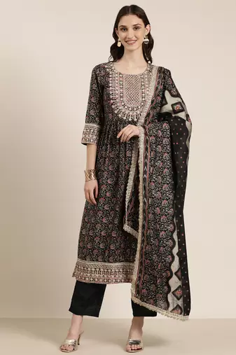 women's round neck floral foil print black a-line kurta and trouser with dupatta