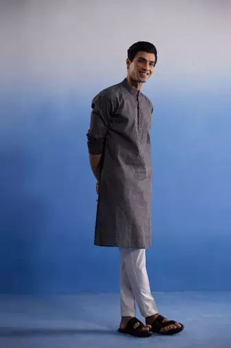 Black And White Pure Cotton Kurta Pyjama Set