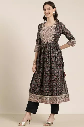 women's round neck floral foil print black a-line kurta and trouser with dupatta