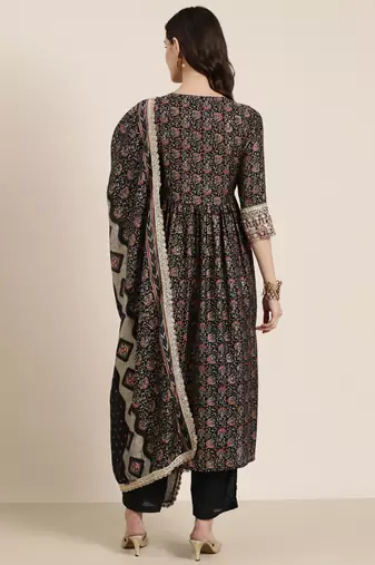 women's round neck floral foil print black a-line kurta and trouser with dupatta