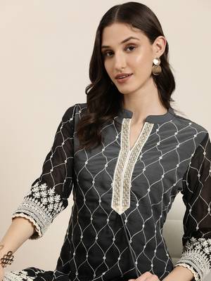 women's mandarin collar solid ombre grey straight kurta and trouser 1