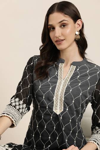 women's mandarin collar solid ombre grey straight kurta and trouser